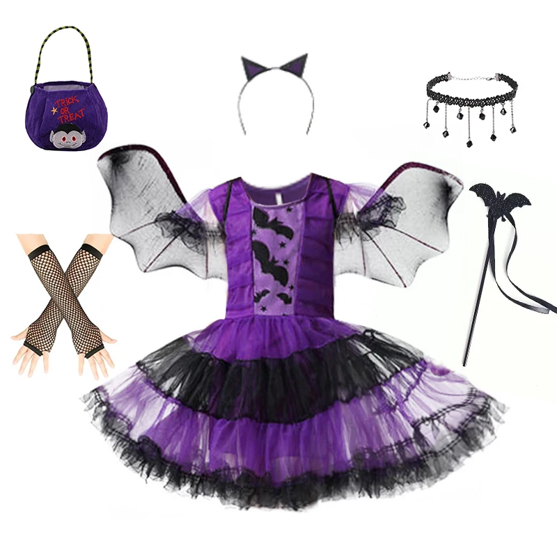 Halloween Children Purple Vampire Costume Girls Dress Kids Clothes Baby Bat Spider Party Cosplay Headband +Wing Outfit