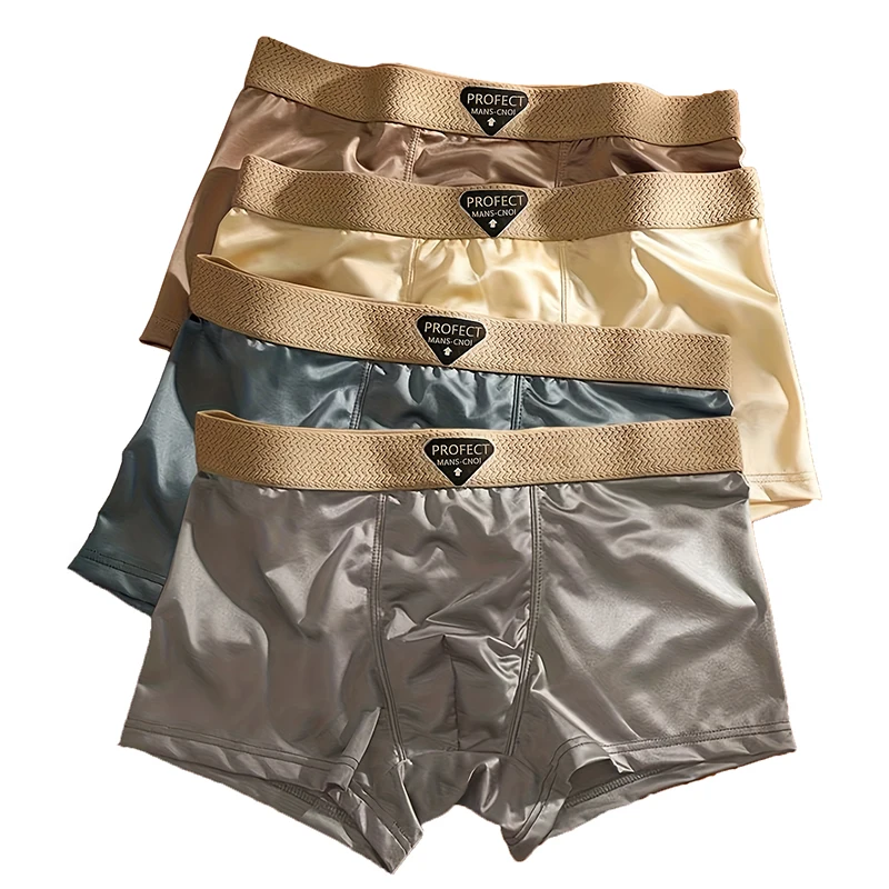 

4 Pcs Men's Boxer Trunks Smooth Silky Fabric Comfortable Underwear Breathable Sports Boxing Pants Daily Casual Men's Underwear