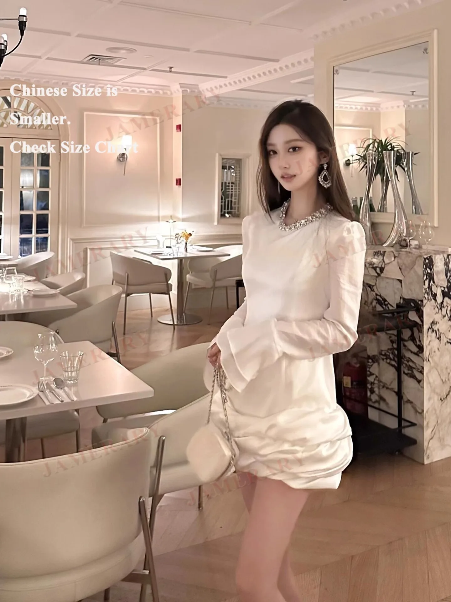 الخريف الأبيض كم طويل فساتين قصيرة المرأة الصيف الماس كريستال حفلة موسيقية فستان قصير سيدة ريترو غمد Vestidos