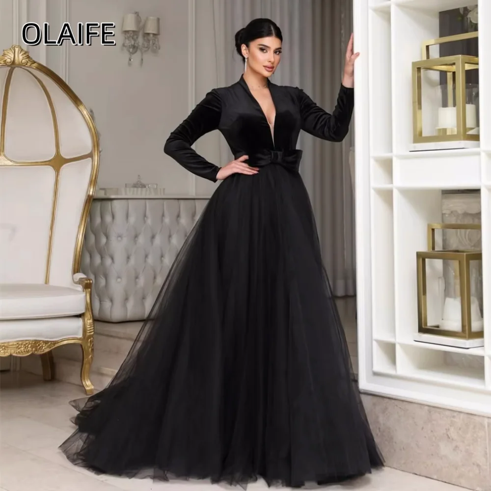 Bow Belt A-Line Tulle V-Neck Sweep Train Formal Prom Dress for Women Long Sleeves Customized Elegant Gowns платье на выпускной