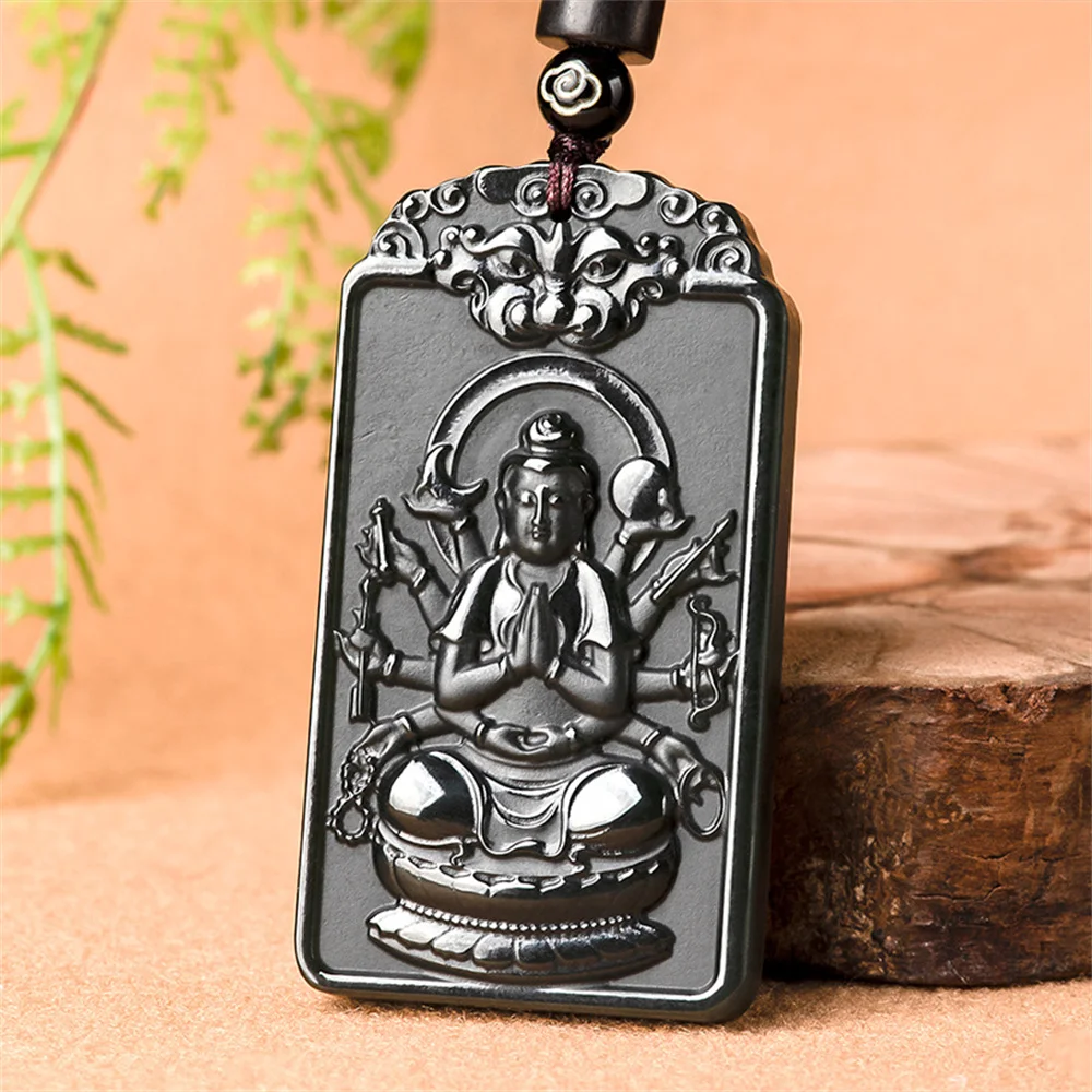 Natural Black HeTian Jade Carved Chinese Eight Buddha GuanYin Amulet Lucky Pendant Necklace Certificate Luxury Jade Jewelry