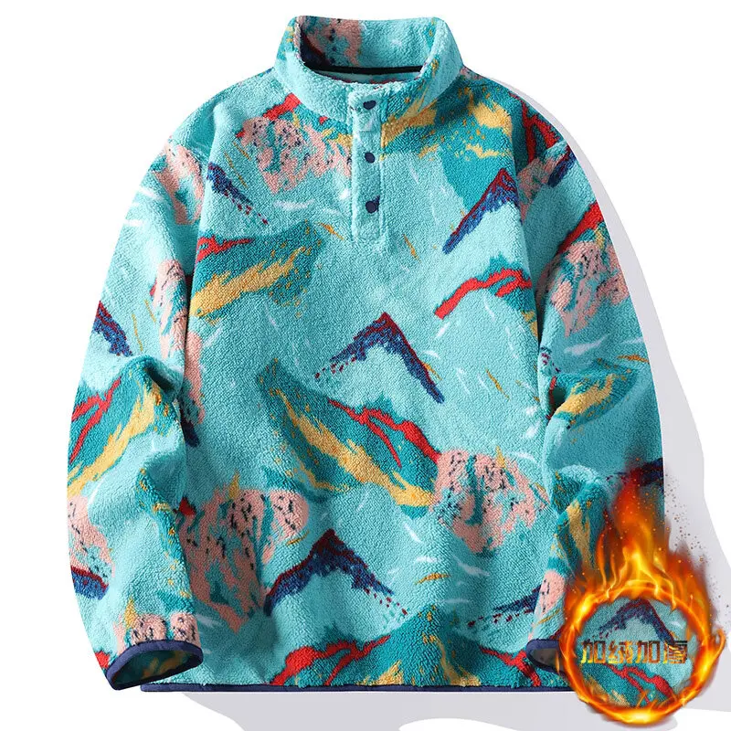 

Autumn Winter Men's Fleece Thicken Warm Stand Collar Sweater Printed Knit Sweater Base Pullovers Printing Hoodie