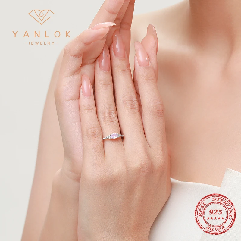 YANLOK Authentic 925 Sterling Silver Sweet Pink Crystal Finger Ring For Women Fashion Fine Jewelry Christmas Gift Accessories