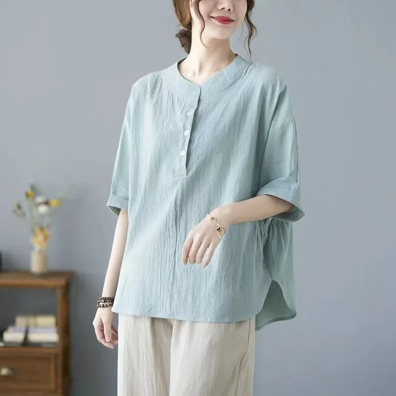 

Cotton and Linen Short-sleeved New Mother Summer Shirt Loose
