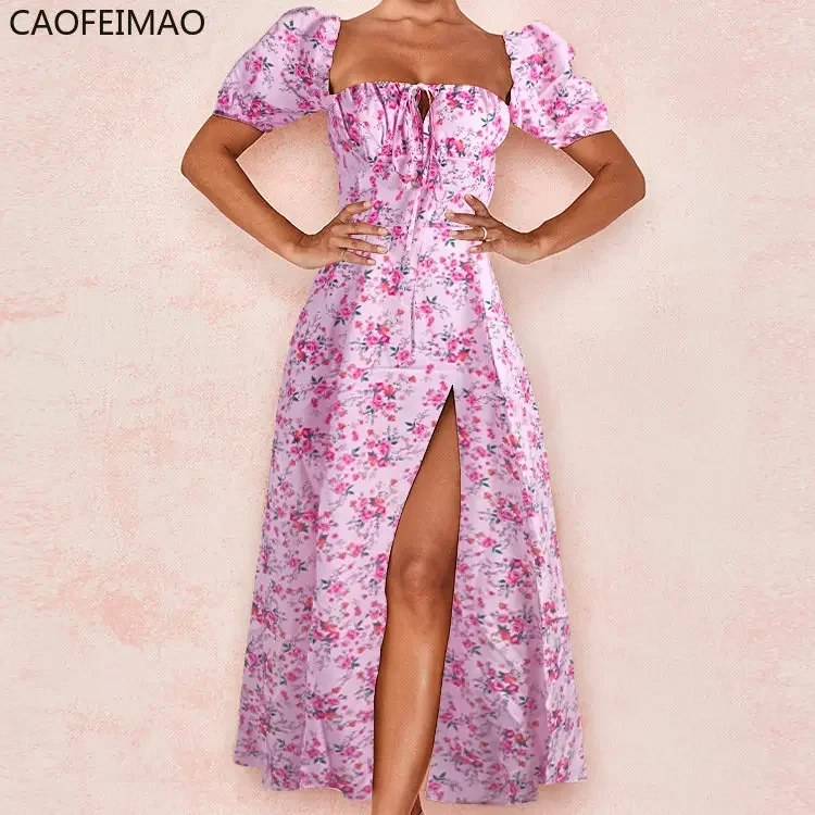 Платье С Вилкой  Dresses for Women 2025 New Puff Sleeve Floral Print for Women Robe Femme Summer Long Dress  Dress for Women