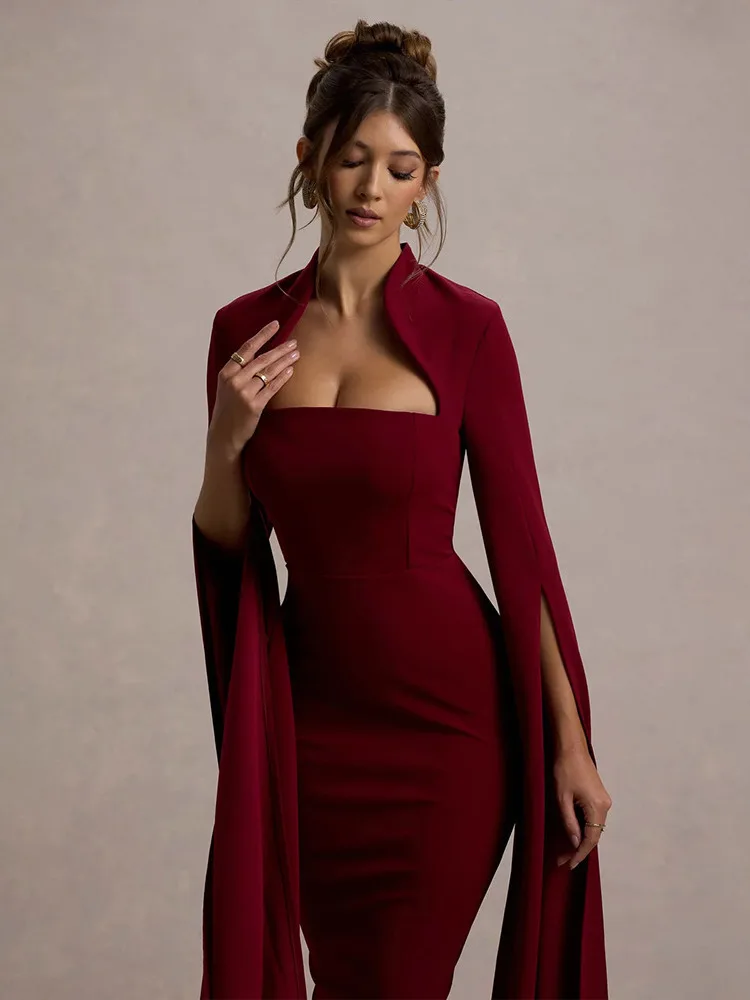 Articat Elegant Long Sleeved Elastic Tight Dress For Women Autumn/Winter 2025 New Dress Sexy Long Slit Party Club Evening Dress