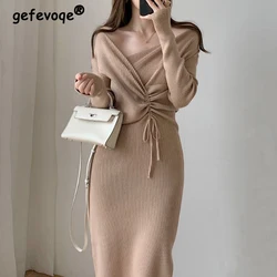 Women's Ruched Lace Up Elegant Chic Bodycon Ribbed Knitted Dresses Sexy V Neck Long Sleeve Solid Split Midi Dress Party Vestidos