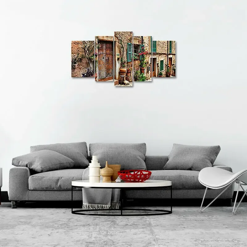 No Framed Canvas 5Pcs Mediterranean Street Tuscan Retro Building Wall Art Posters Pictures for Living Room Home Decor Paintings