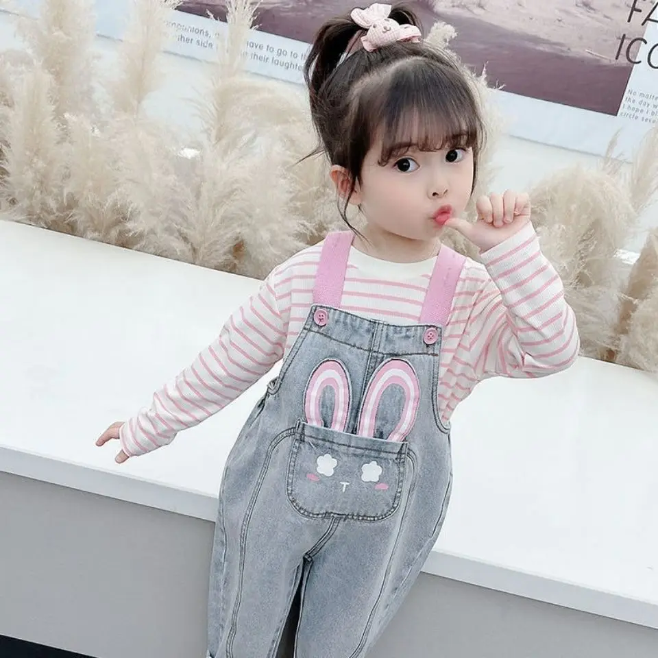 Kids Jeans Casual Jumpsuits Fashion Girls Autumn Clothes Cute Wings Cartoon Baby Overalls Denim Suspender Pants Toddler Rompers