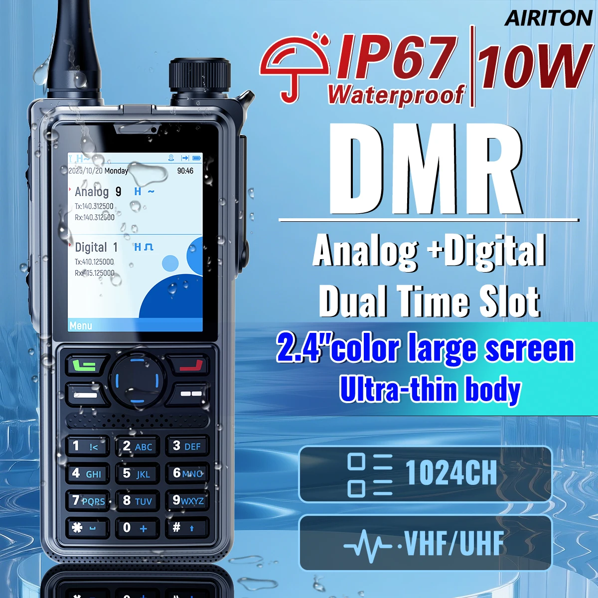 AIRITON AI-881 DMR Walkie Talkie IP67 Waterproof 10W High Power Dual Time Slot Large Color Screen New AR-880 VOX Two Way Radio