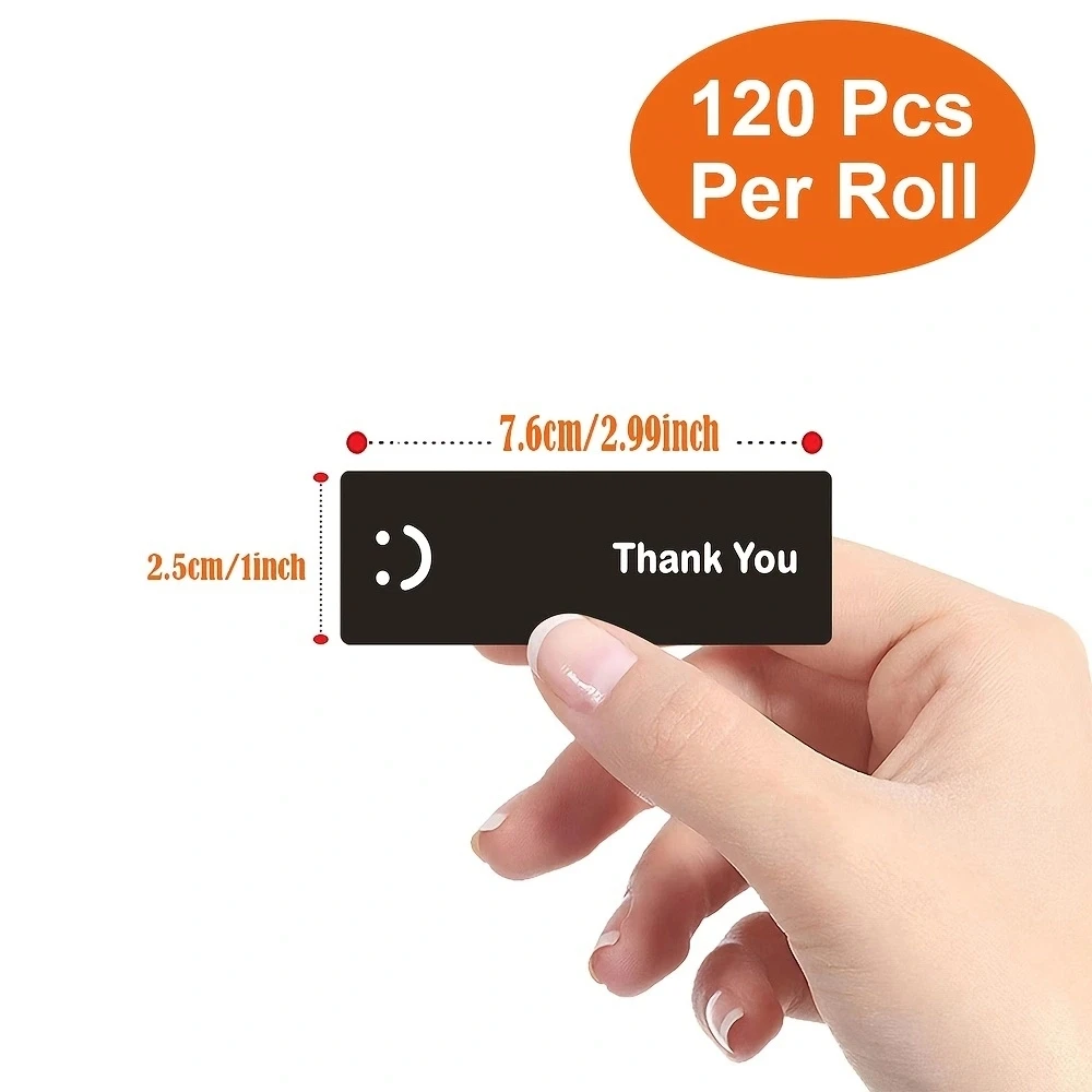 120Pcs/Roll Simple Smile Face Thank You Stickers Black/White Oblong 1.0*3.0in For Takeout PC Pad Fridge Gift Sealing Diy Decor