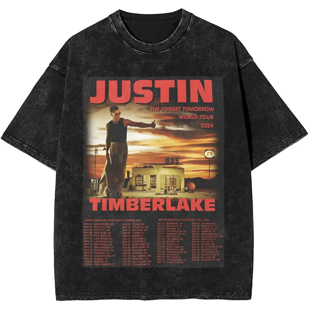 Justin Timberlake The Forget Tomorrow World Tour Washed T Shirt Streetwear for Men Women Vintage Tee Shirt Hiphop Streetwear