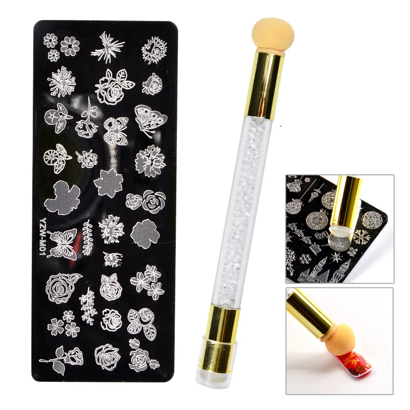 

2Pcs/set Nail Stamping Plates Set Silicone Sponge Brush Polish Transfer Stencils Flower Geometry DIY Template for Nail Tools