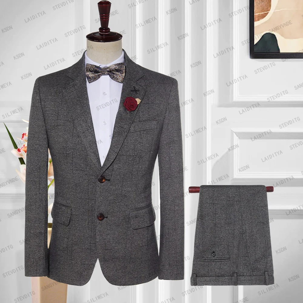 

2023 New Men‘s Suits 2 Pieces Set Dark Grey Velvet Reto Classic Pattern Herringbone Business Tuxedos For Wedding Blazer Pants