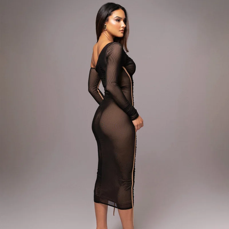 Elegante gola diagonal midi vestido para as mulheres novo duas camadas de malha sem costas ruched manga longa bodycon clube festa sexy vestidos longos