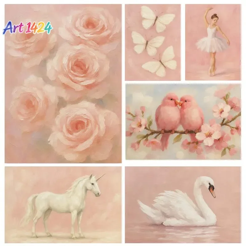 1pc frameless canvas Pink Butterfly Flowers Birds Swan Unicorn Flamingo Poster Print  Art Pictures for Living Room Home  Cuad
