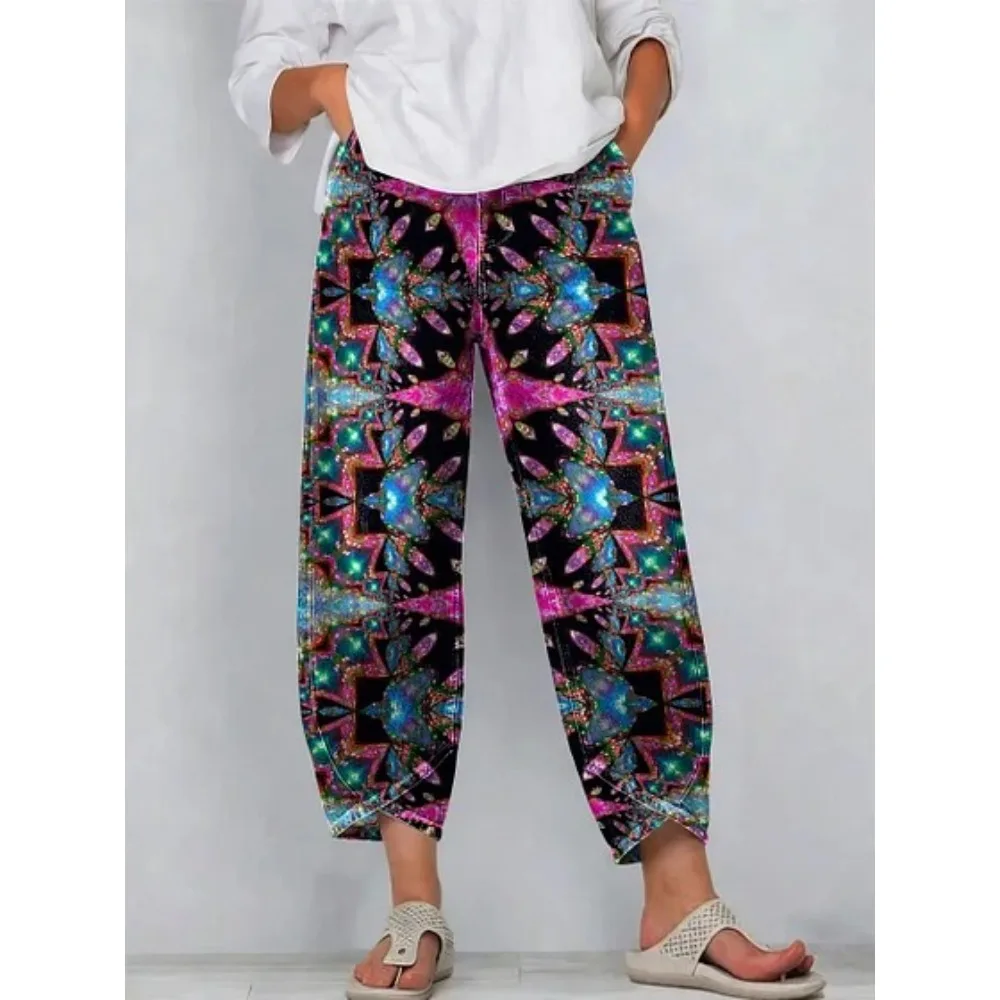 Kurze Harem-Capri-Hose mit abstraktem geometrischem Aufdruck für Damen, Baumwolle, lockere Passform, Tulpen-Wickelhose, knöchellange Freizeithose, XXS-4XL – Detail 13