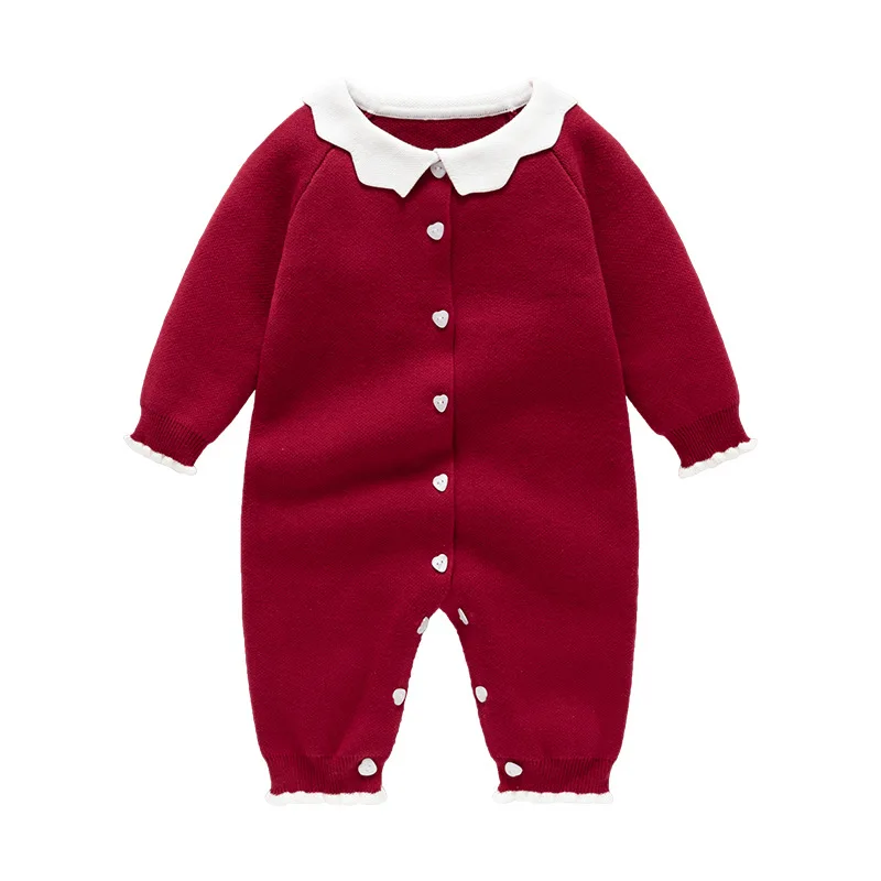 

2025 Autumn Winter Baby Girls Knitted Romper One Piece Red Wine Color Cotton Newborn Boy Outfit 0-24 Months Fashion Bodysuit