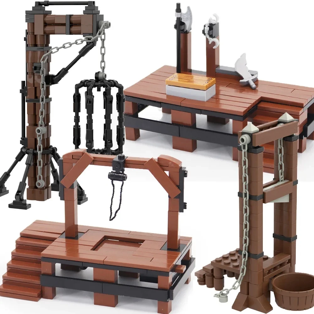 MOC-Kit de bloques de construcción de guillotina para niños, jaula colgante Medieval, Escena de mediana edad, banco de prueba, bloques de montaje,