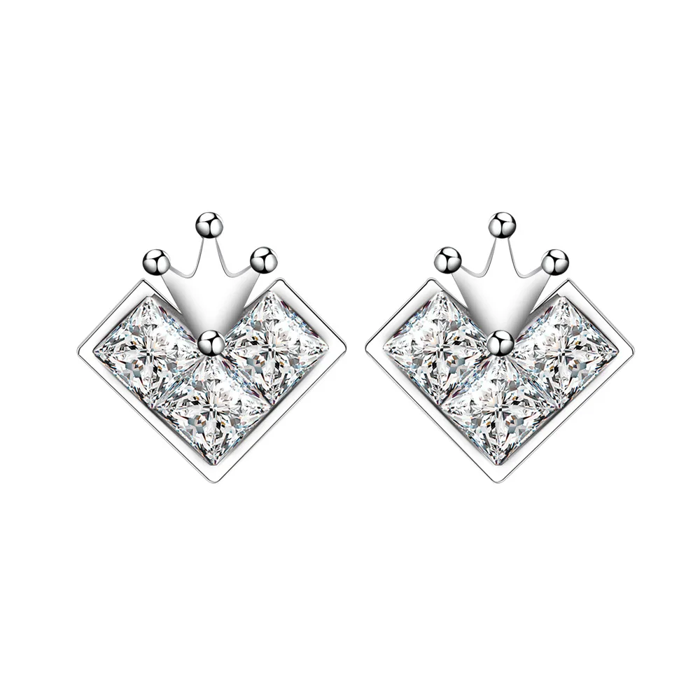 Zhenchengda Crown Heart Shaped Earrings 5mm Princess Square High Carbon Diamond 925 Silver Earrings