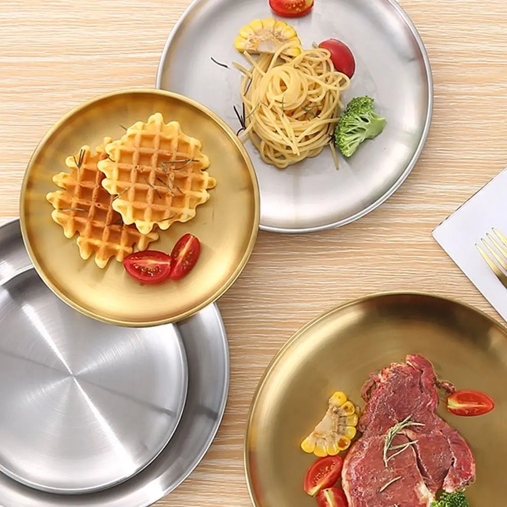 1Pcs Shallow Stainless Steel Plate Fruit Cake Snacks Pasta Steak Dining Disc Food Tray 14/17/20/23/26CM Kitchen Accessories