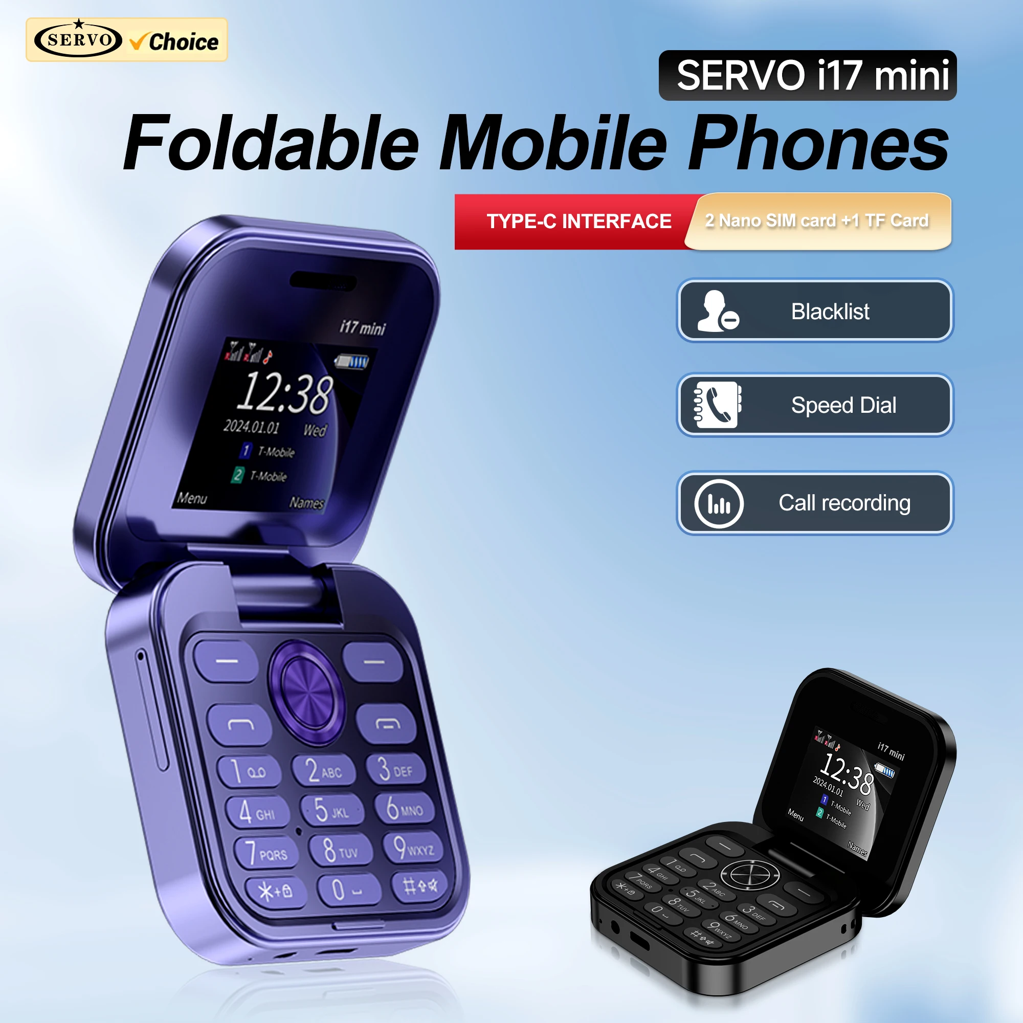 SERVO i17 MINI Foldable Mobile Phone 2 SIM Card Speed Dial Magic Vioce FM Radio Flashlight 2G GSM Small Square Button Cellphones