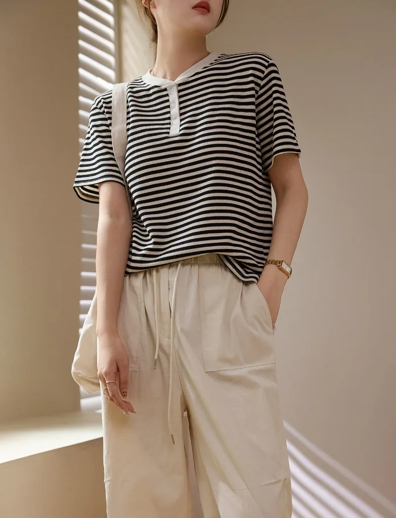 Gestreept T-shirt voor dames, zomer, losvallend katoenen overhemd met rechte knopen en korte mouwen