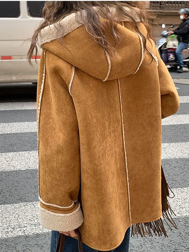 2023 Autumn Winter Sheepskin Fur Suede Parka Thickened New Hooded Lamb Wool Coat Cardigan Motorcycle Leather Jacket