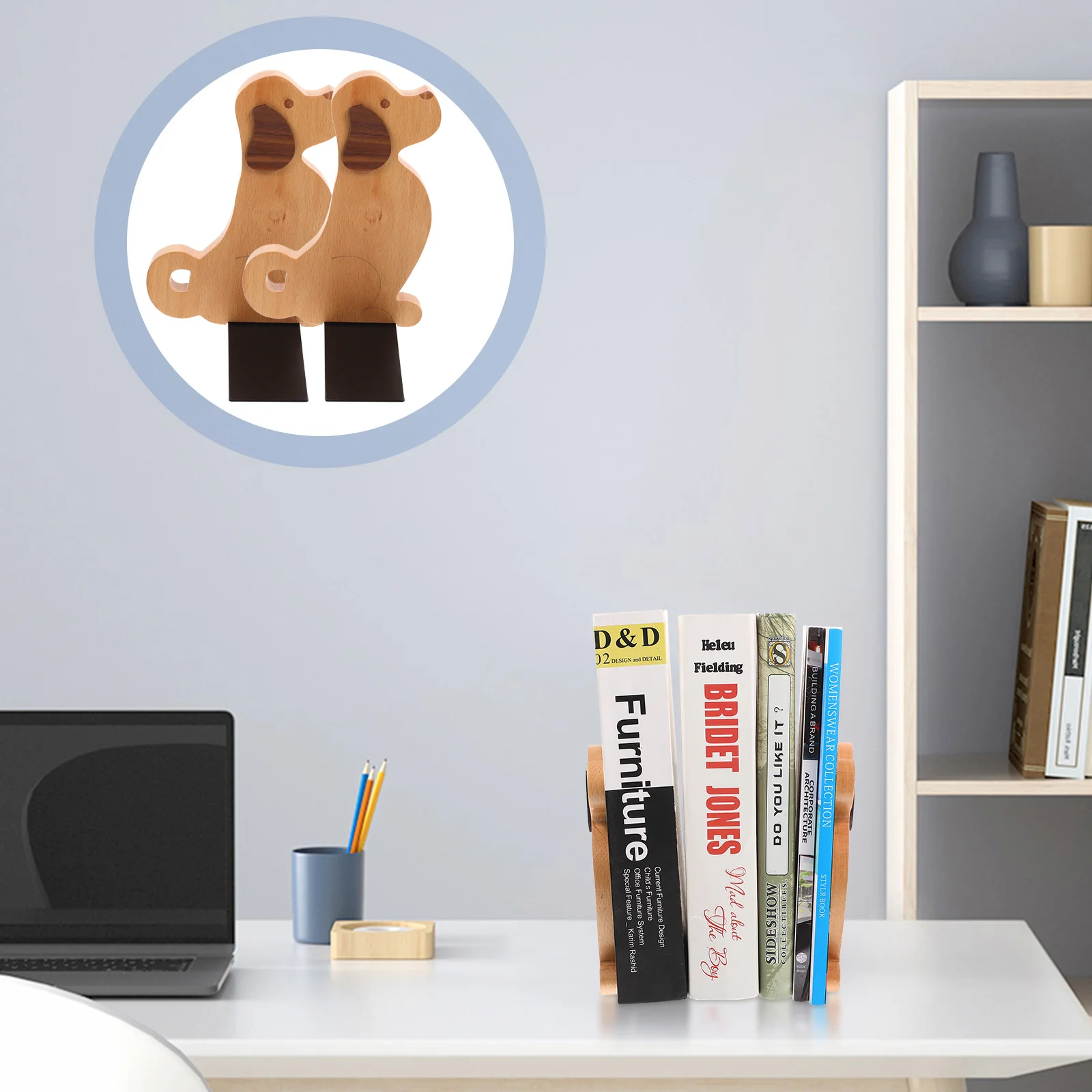 

2Pcs Wooden Bookend Dog Design Desktop ganizer Baffle Decorative Puppy Office Supply Document Stand Storage Solution