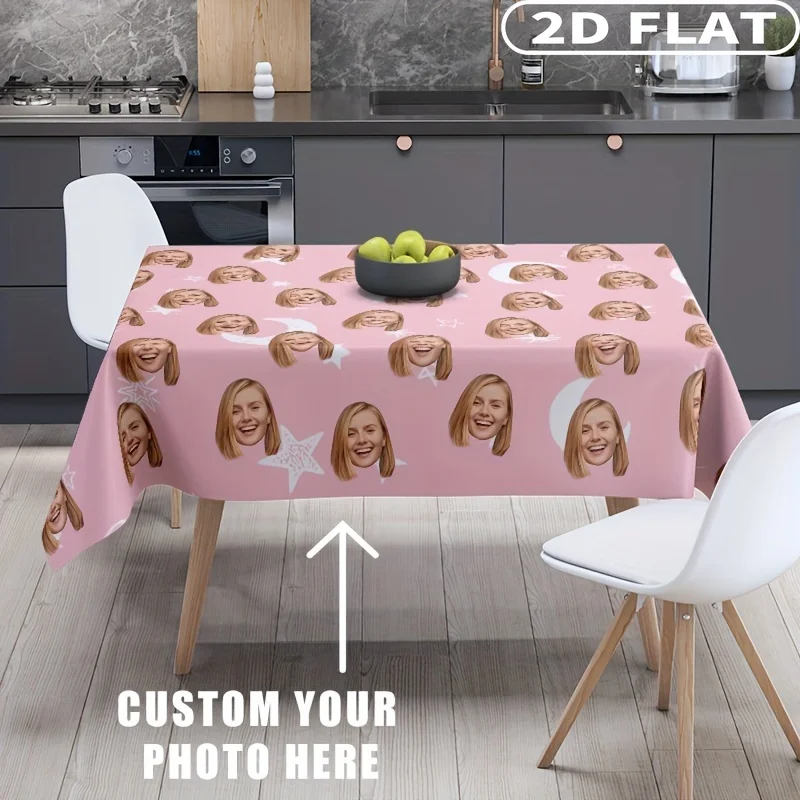 1pc Custom Personalized Tablecloth with Photo/Text, Polyester Rectangular Table Cover, Family Surname Customizable Tablecloth