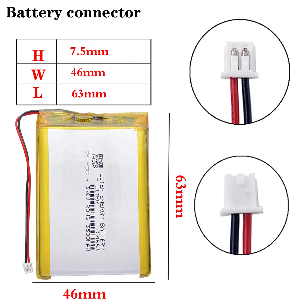 plug 1.25-2P 754663 3500mah 3.8V rechargeable li-polymer battery for GPS PDA Recreational machines RG35XX PLUS Game console