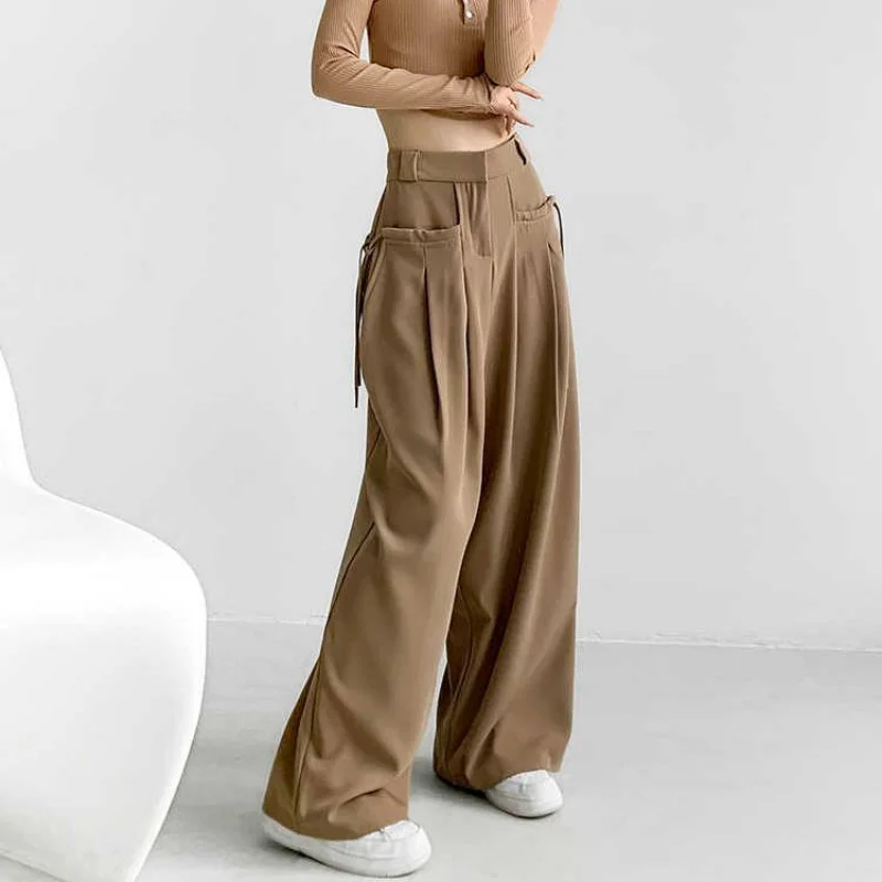 

2025American Style New Spicy Girl High Waist Draped Pants Women with Side Ties, Flowing Casual Straight Wide Leg Pants