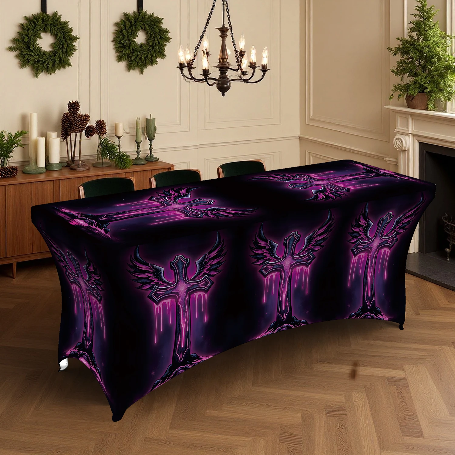 1PC Summer Outdoor Elastic Tablecloth, Purple Angel Digital Print Full Coverage, 4/6/8FT Rectangular Stretch T