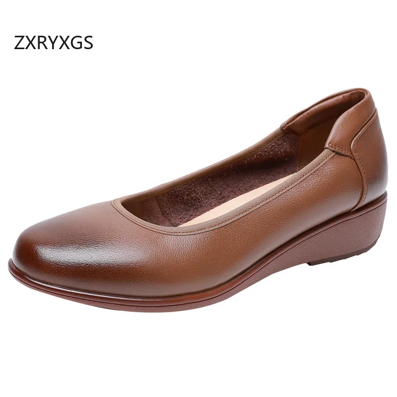

ZXRYXGS/2026, простая женская обувь из натуральной кожи с круглым носком и неглубоким носком, повседневная обувь на плоской подошве большого размера на танкетке, средний каблук