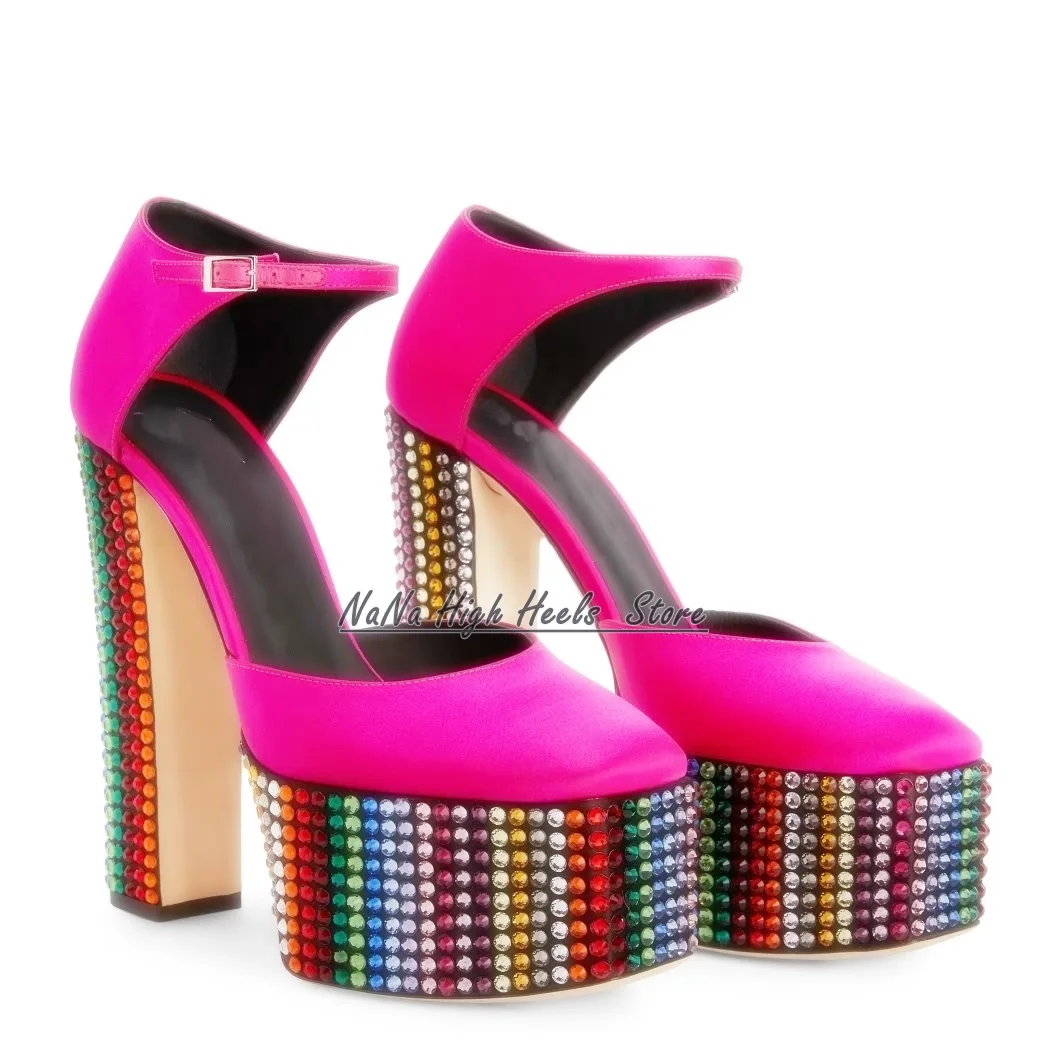 New Fuchsia Satin Platform Multicoloured Rhinestone Sandals 2022 Women Round Toe Block High Heel Sandals Luxury Ladies Buckle