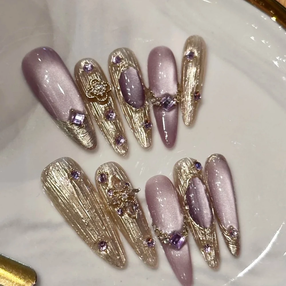 Ensemble de limes à ongles adhésives, manucure faite à la main, longue amande, faux, mignon, violet, œil de chat, limité, N64.Design, hiver, nouveau, 10 pièces