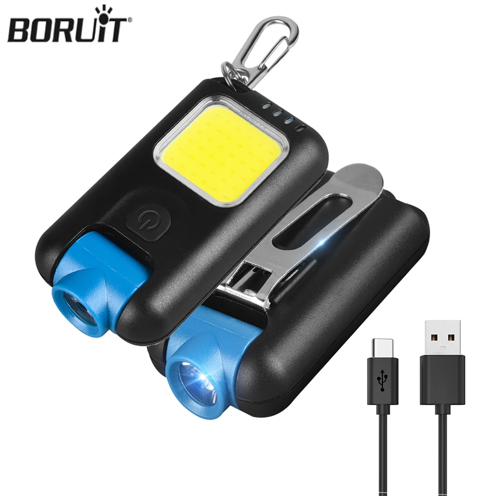 BORUiT Mini EDC Keychain Flashlight TYPE-C Rechargeable Torch Portable Work Cap Light Tiki Fishing Camping Head Flashlight COB