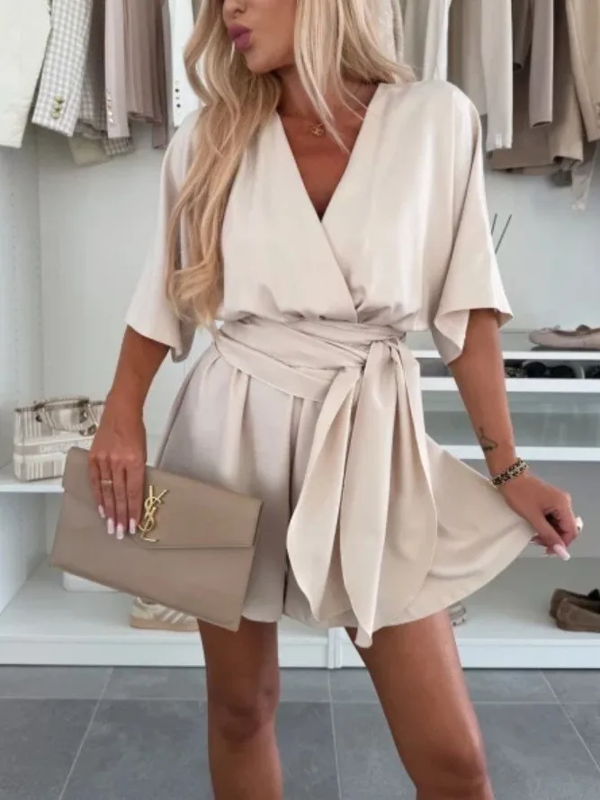 Women's Loose Playsuit Puff Short Sleeve V Neck Ruffle Short Romper Dress Summer Lace-up Office Clothing Casual Elegant Overalls