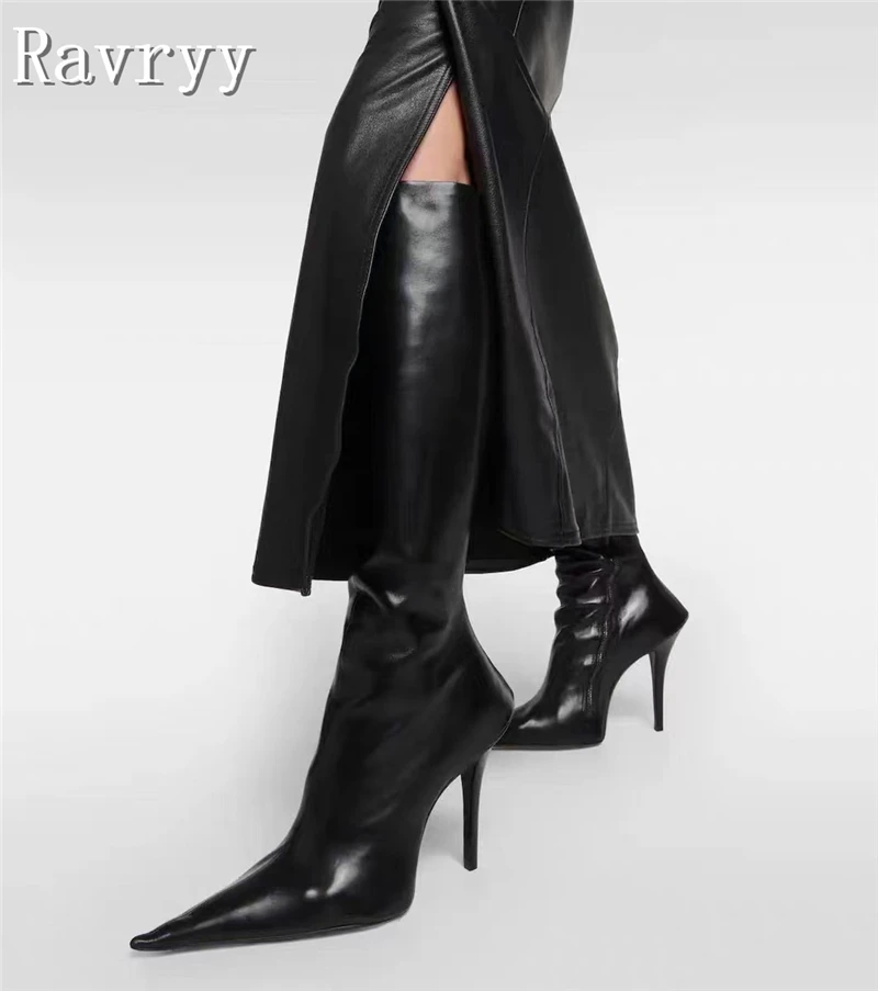 

Black Pointed Toe Women Knee High Boots Thin High Heel Side Zipper Long Boots Sexy Luxury Brand Fashion Week Boots Female