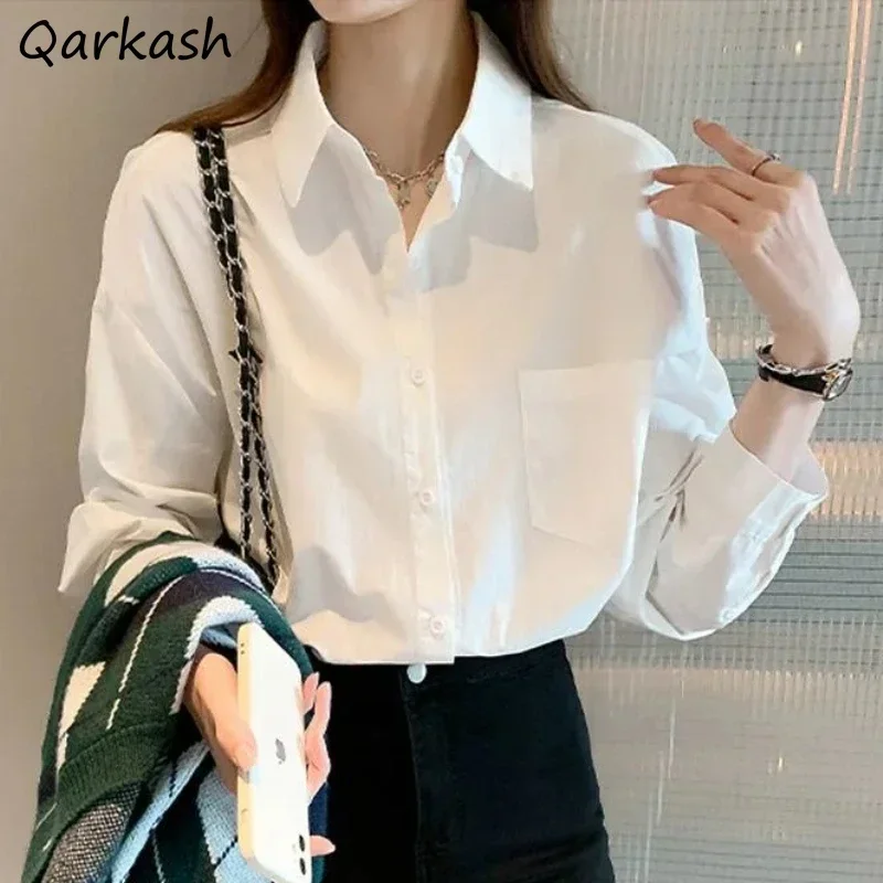 Shirts Women Casual Mature Office Lady Temper Loose Solid Korean Style All-match Camisas De Mujer Classic Pockets Elegant Autumn