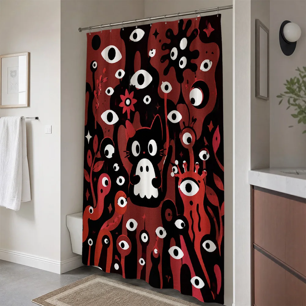 Spooky Cute Cat Eyes Halloween Bathroom Shower Curtain Gothic Horror Art Novelty Shower Curtain