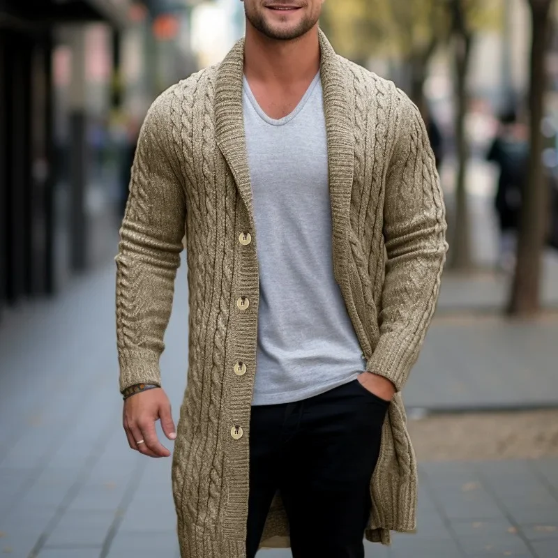 

Winter Clothing Men's Knitted Jacquard Lengthen Cardigan Sweatercoat Casual High Street Pocket Long Sleeve Wool Coat Knitwear