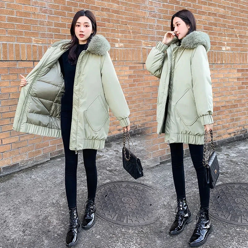 

Down Cotton Jacket For Women 2022 Winter Mid-Long loose Large Sized Thicke Cotton Jacket With Large Fur Collar Warm Parka Trench