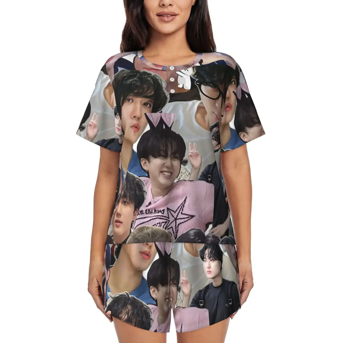 

New Seo Changbin Round Neck Short Sleeve Nightgowns for Sleeping Sleepshirts Women Loose Pajama Set Short Pants