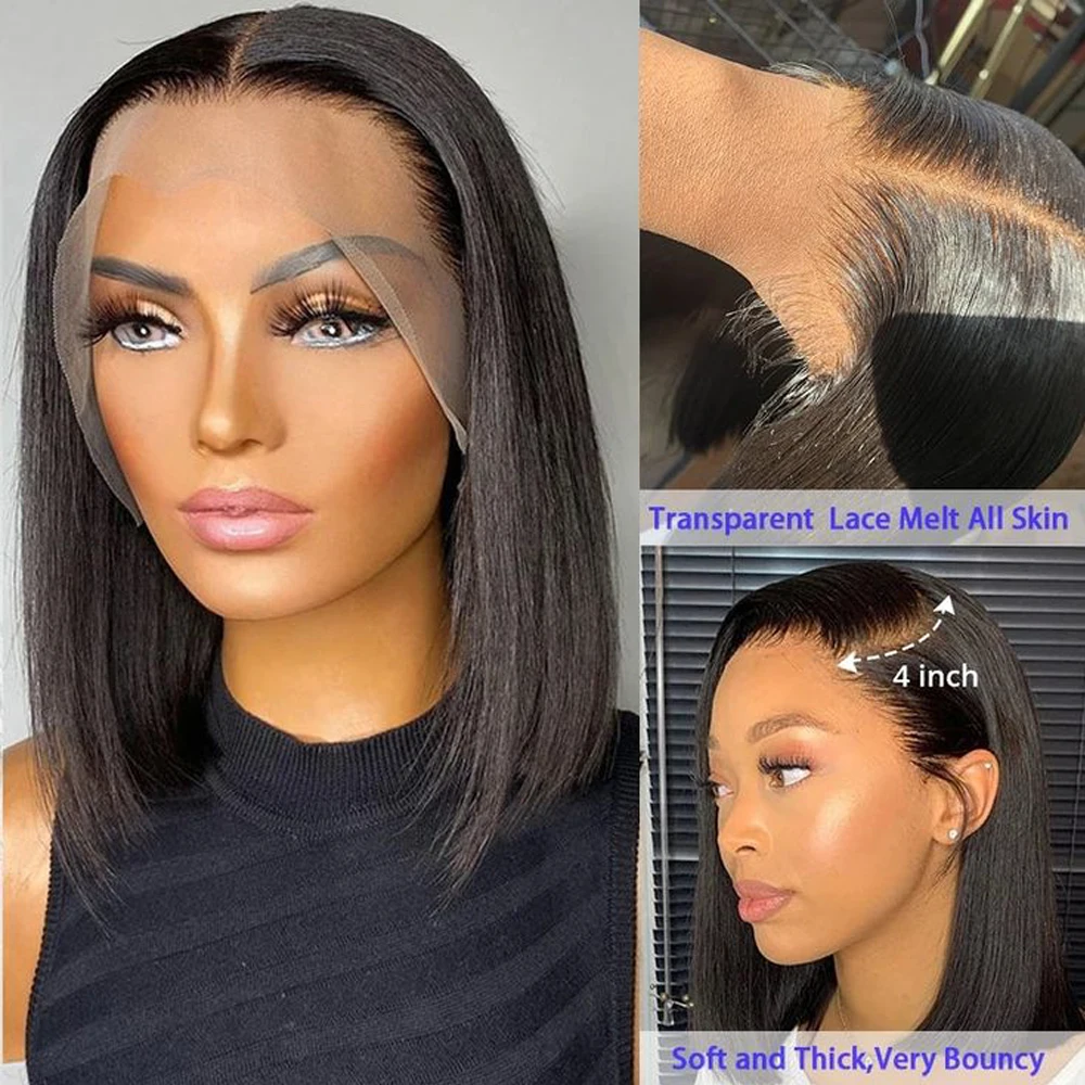 Bob Wig Human Hair 13x4 Lace Frontal Wigs Human Hair Pre Plucked with Baby Hair 180 Density for Women Natural Black 10 Inch