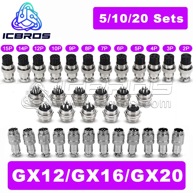 5/10/20Set GX12 GX16 GX20 2 3 4 5 6 7 8 9 10 12 14 15 Pin Male&Female Docking Aviator Aviation Plug Socket Circular Connector