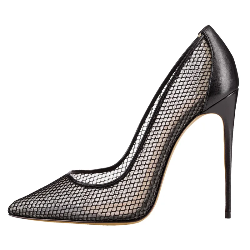 Black Mesh Pumps Women Pointed Toe Stiletto High Heel 12cm Fishnet Slip On Elegant Evening Party Shoes See Through PlusF780