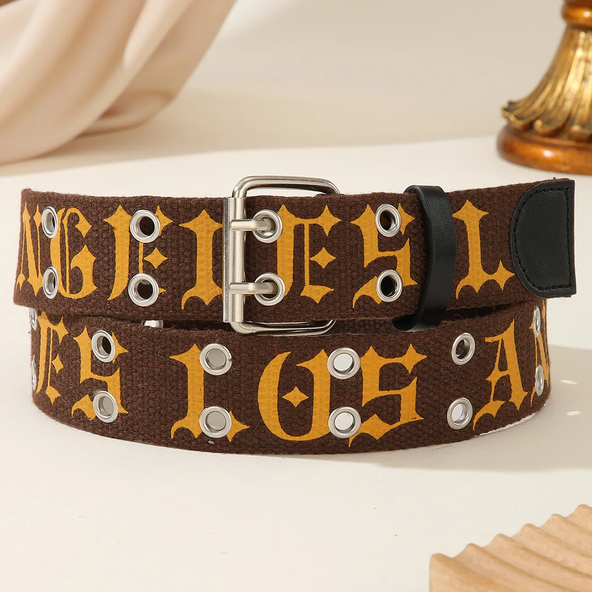 2000s Gothic Letter Canvas Belt Retro Distressed Double Eyelet Belt American Streetwear Trendy Unisex Decorative Belts Y2k
