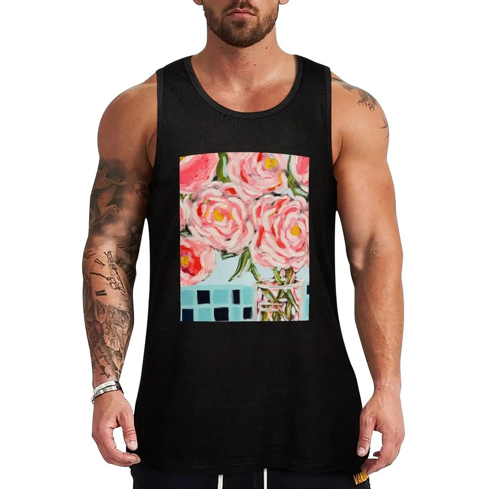 Pink Roses on Blue Check Table Tank Top Workout Tank Top Breathable Athletic Fitness Sleeveless