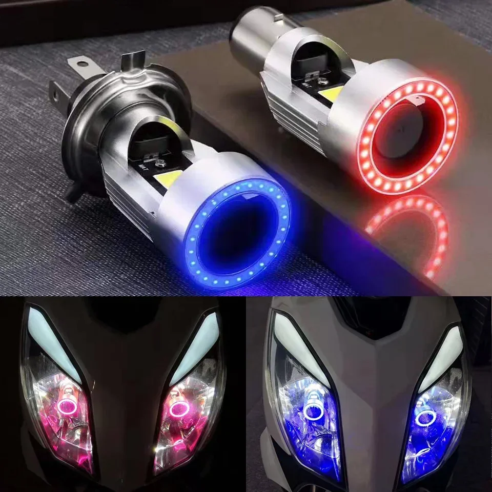 LED Motorcycle 30W With Fans H4 BA20D Blue/Red Angel Eye Headlight Scooter Motorbike Headlamp Light Bulb DRL Accessories
